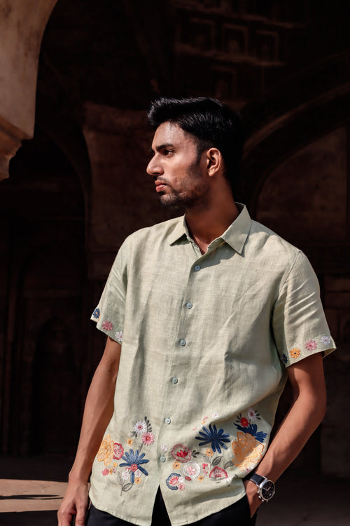 100% Hemp Green Embroidered Hemp Shirt by Ewoke with 100% Hemp, Floral, Hemp, menswear, menswear shirts, Nostalgia's Thread by Ewoke, shirts, sustainable fashion at Kamakhyaa for sustainable fashion