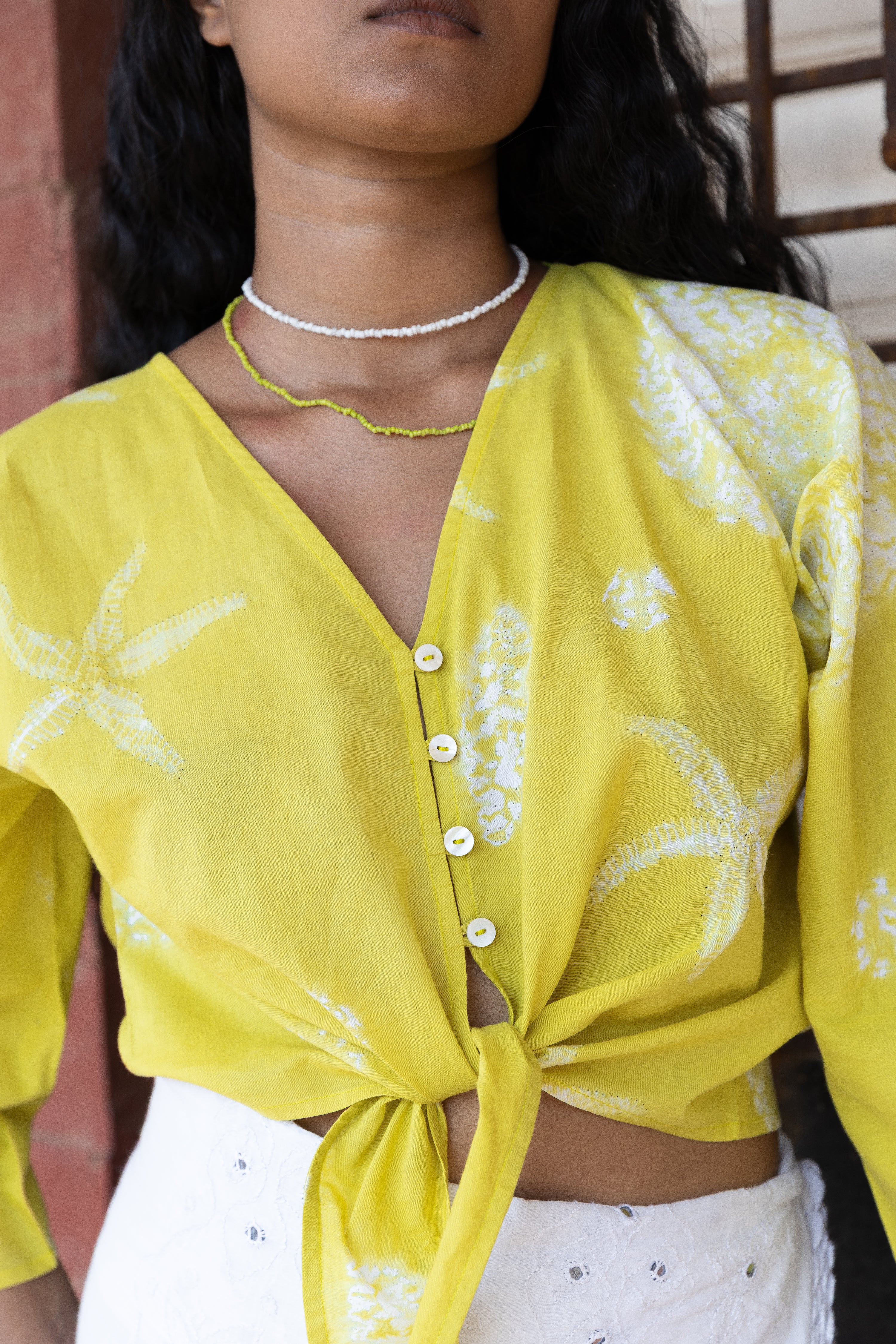Seaside Tie-Up Top by Anushé Pirani with Beach Wear, Cotton, Dresses, Lime, Moana by Anushe Pirani, Recycled Cotton, Relaxed Fit, Resort Wear, Shibori Dyes, Vacation Wear, Womenswear at in.kamakhyaa.com for sustainable fashion