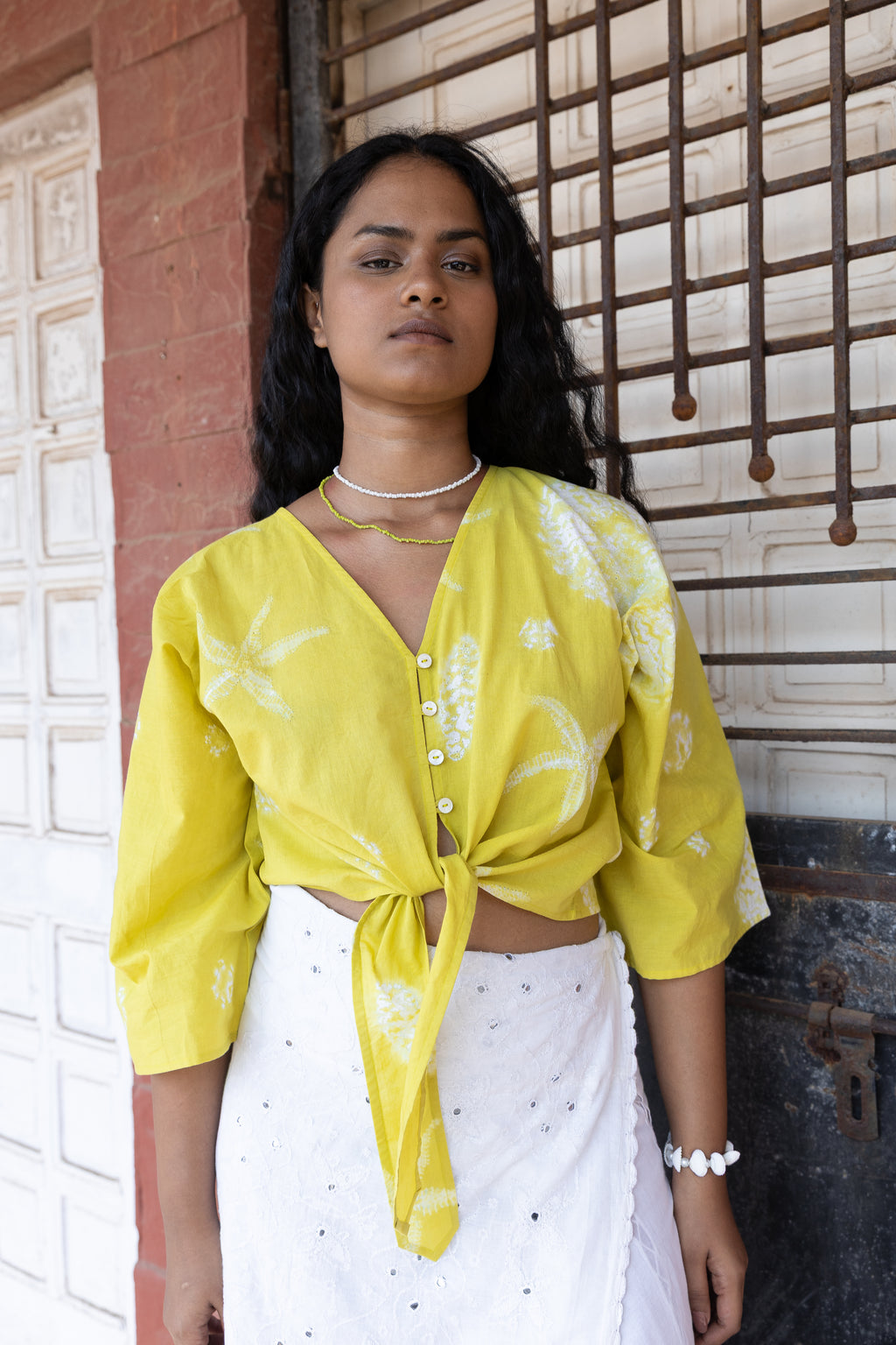 Seaside Tie-Up Top by Anushé Pirani with Beach Wear, Cotton, Dresses, Lime, Moana by Anushe Pirani, Recycled Cotton, Relaxed Fit, Resort Wear, Shibori Dyes, Vacation Wear, Womenswear at in.kamakhyaa.com for sustainable fashion