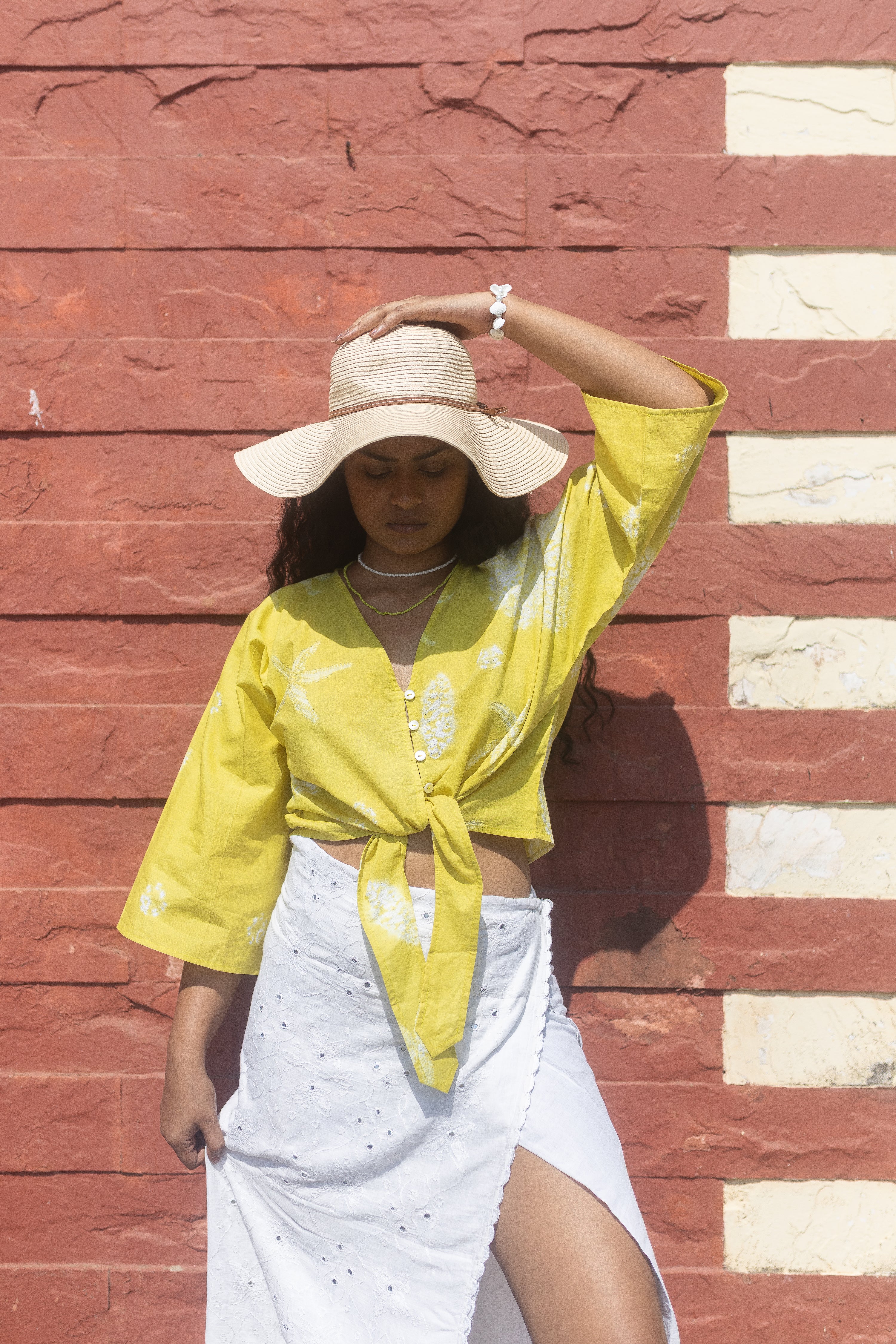 Seaside Tie-Up Top by Anushé Pirani with Beach Wear, Cotton, Dresses, Lime, Moana by Anushe Pirani, Recycled Cotton, Relaxed Fit, Resort Wear, Shibori Dyes, Vacation Wear, Womenswear at in.kamakhyaa.com for sustainable fashion