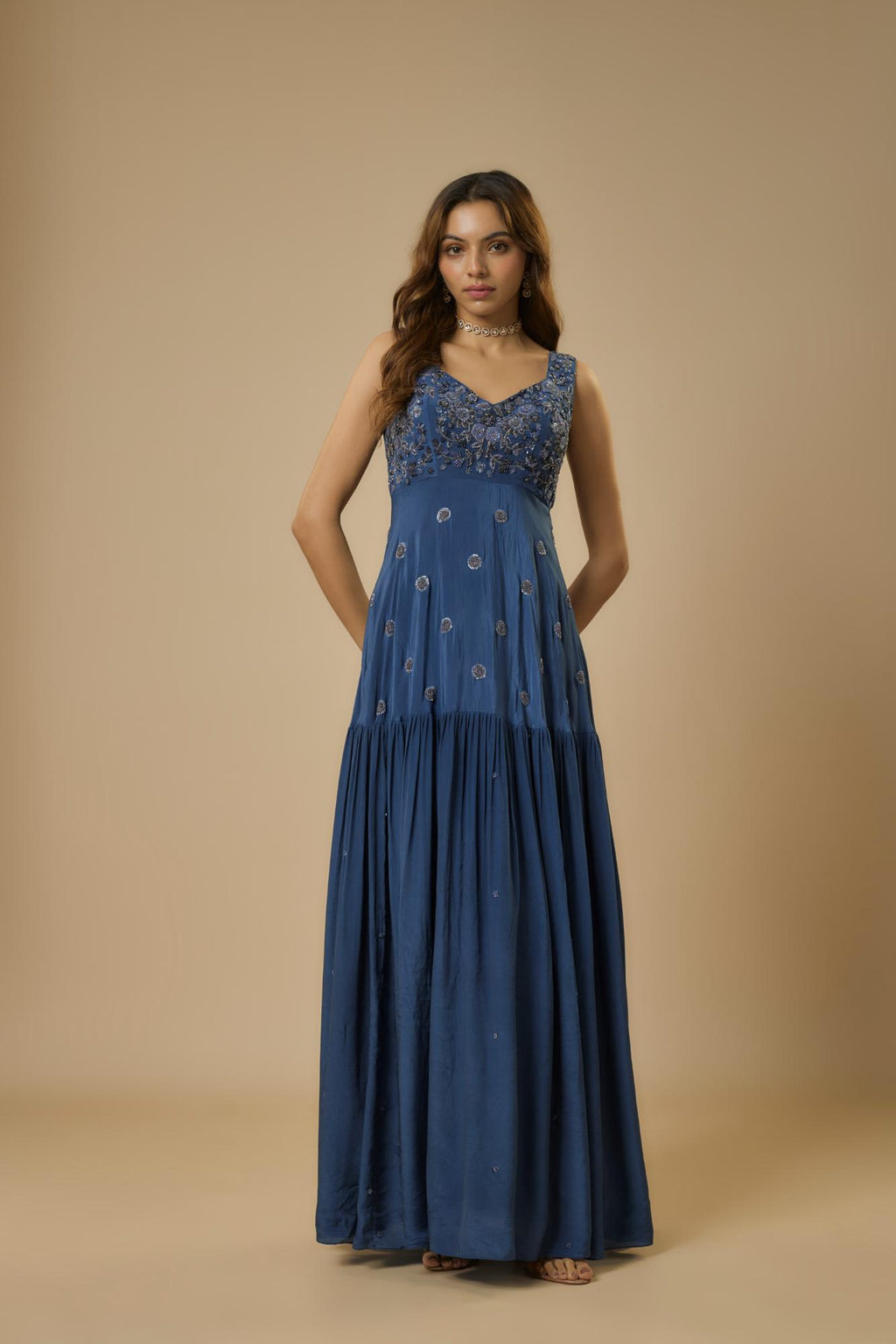 Crepe Midnight Embroidered Gown by Ewoke with Bemberg, BLUE GOWN, Crepe, Draped Dress, Nostalgia's Thread by Ewoke, sustainable fashion, wedding dress, wedding lehengas at Kamakhyaa for sustainable fashion
