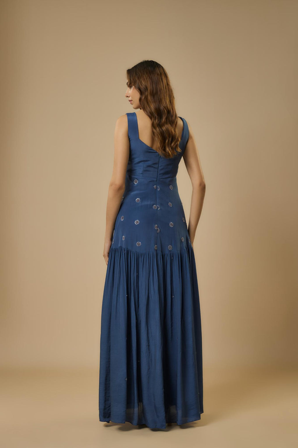 Crepe Midnight Embroidered Gown by Ewoke with Bemberg, BLUE GOWN, Crepe, Draped Dress, Nostalgia's Thread by Ewoke, sustainable fashion, wedding dress, wedding lehengas at Kamakhyaa for sustainable fashion