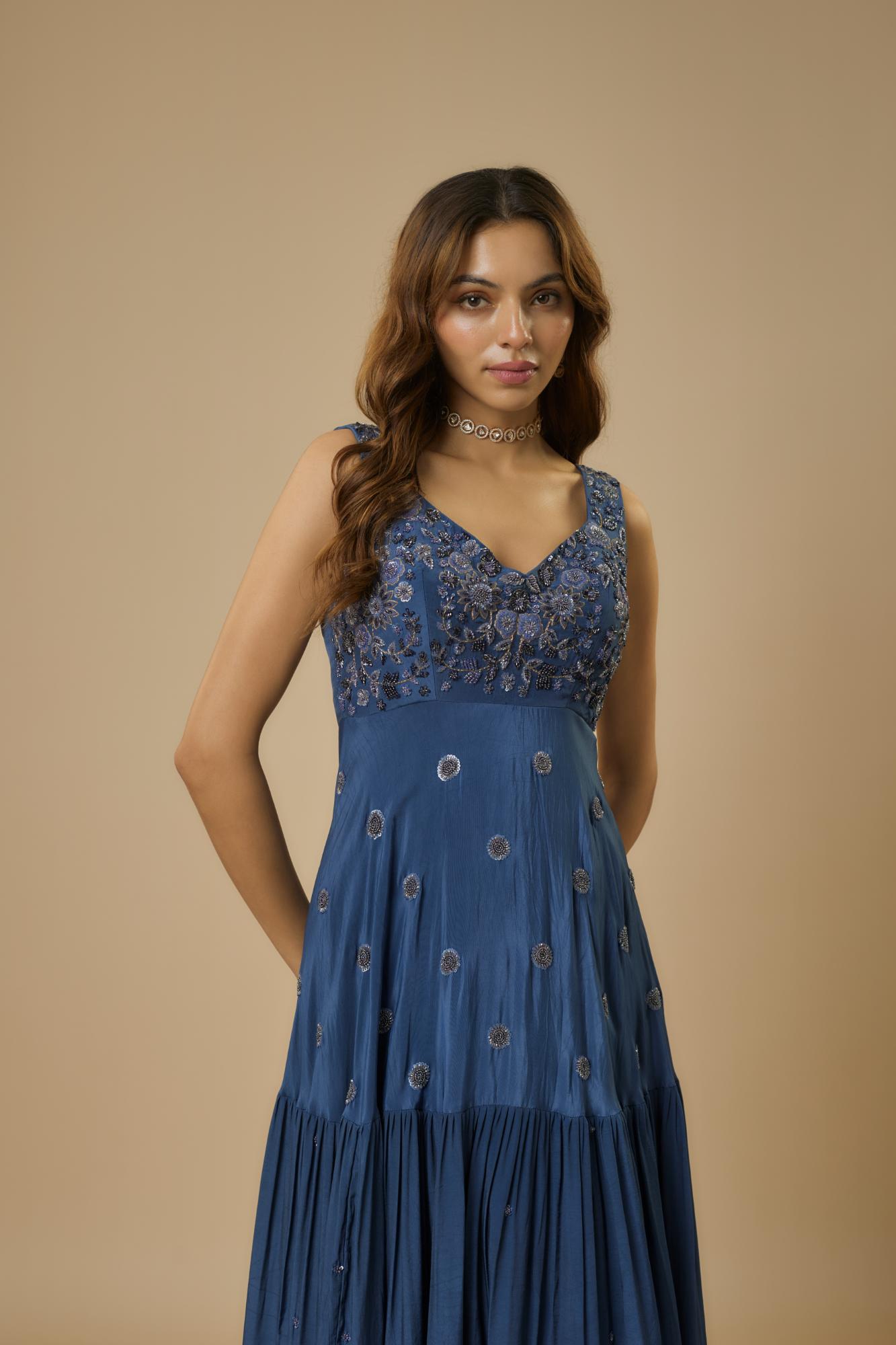 Crepe Midnight Embroidered Gown by Ewoke with Bemberg, BLUE GOWN, Crepe, Draped Dress, Nostalgia's Thread by Ewoke, sustainable fashion, wedding dress, wedding lehengas at Kamakhyaa for sustainable fashion