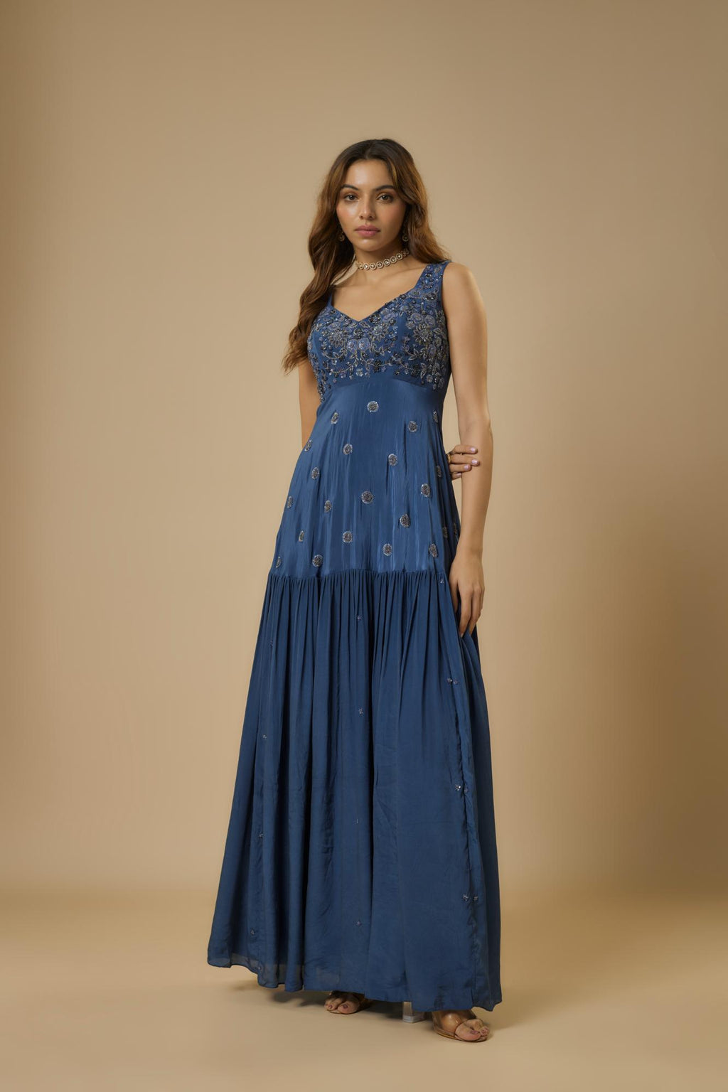 Crepe Midnight Embroidered Gown by Ewoke with Bemberg, BLUE GOWN, Crepe, Draped Dress, Nostalgia's Thread by Ewoke, sustainable fashion, wedding dress, wedding lehengas at Kamakhyaa for sustainable fashion