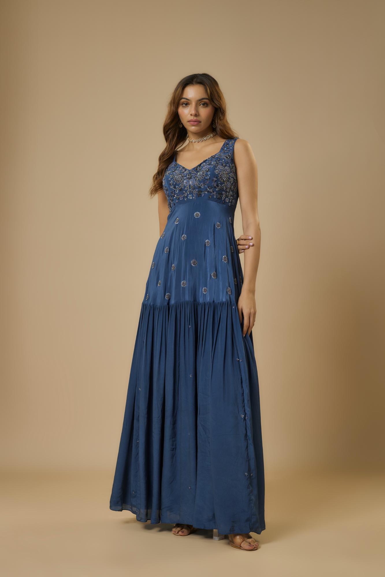 Crepe Midnight Embroidered Gown by Ewoke with Bemberg, BLUE GOWN, Crepe, Draped Dress, Nostalgia's Thread by Ewoke, sustainable fashion, wedding dress, wedding lehengas at Kamakhyaa for sustainable fashion