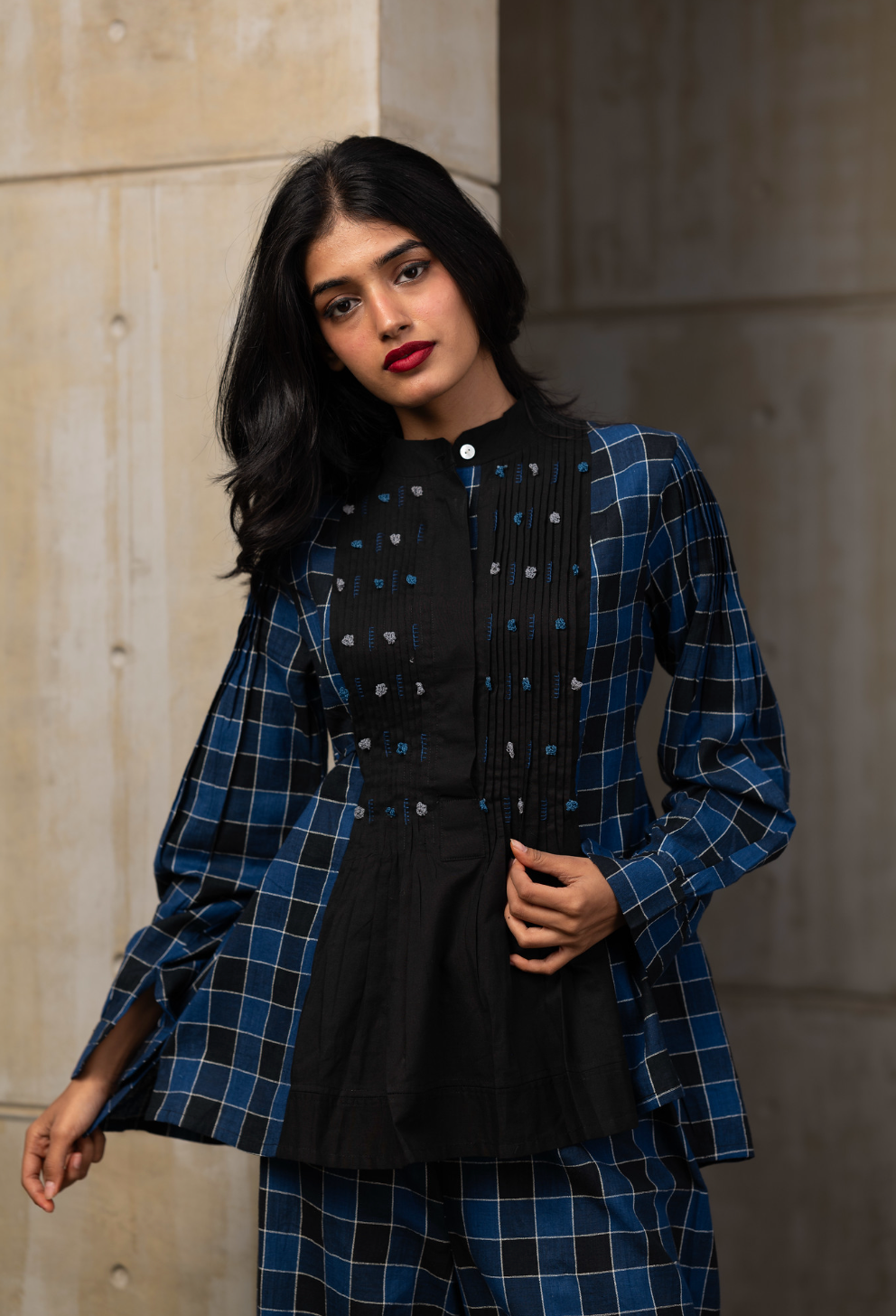 Blue Plaided Office Wear Co-ord Set by Araayeh with Artisan Made, Blue, Checks, Handwoven Cotton, Office wear, Office Wear Co-ords, Regular Fit at Kamakhyaa for sustainable fashion