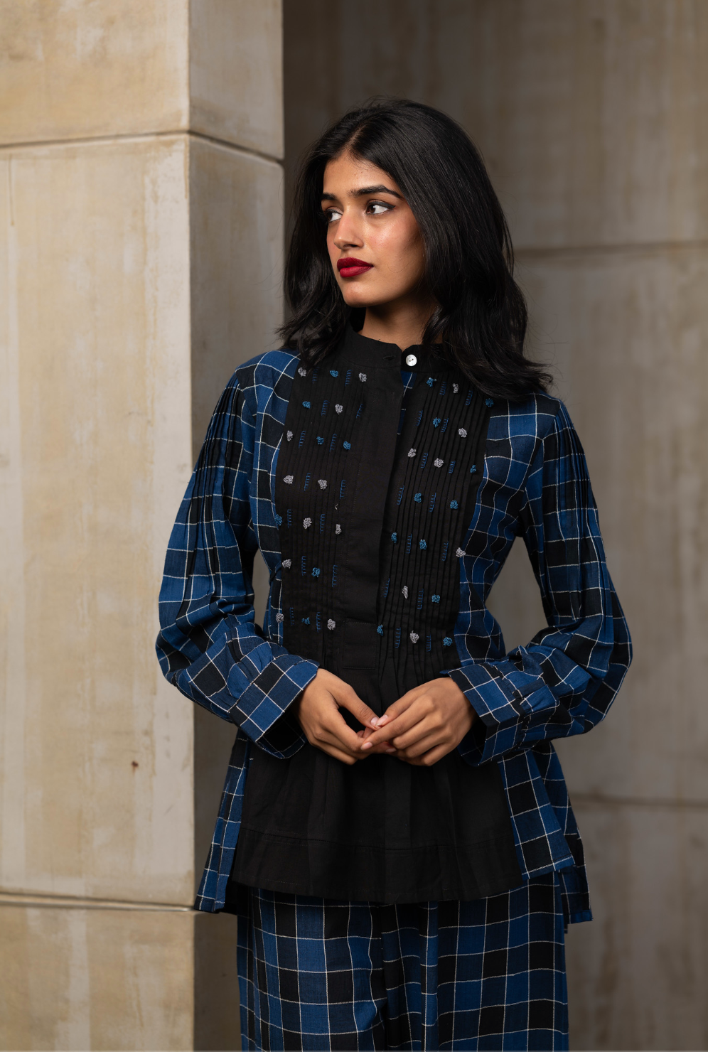 Blue Plaided Office Wear Co-ord Set by Araayeh with Artisan Made, Blue, Checks, Handwoven Cotton, Office wear, Office Wear Co-ords, Regular Fit at Kamakhyaa for sustainable fashion