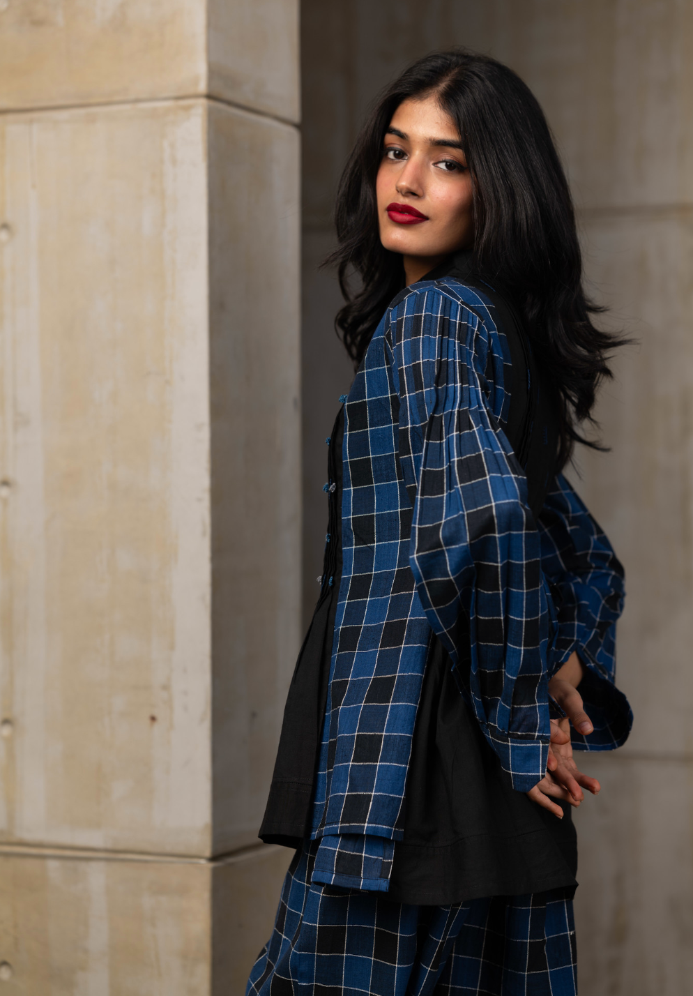 Blue Plaided Office Wear Co-ord Set by Araayeh with Artisan Made, Blue, Checks, Handwoven Cotton, Office wear, Office Wear Co-ords, Regular Fit at Kamakhyaa for sustainable fashion