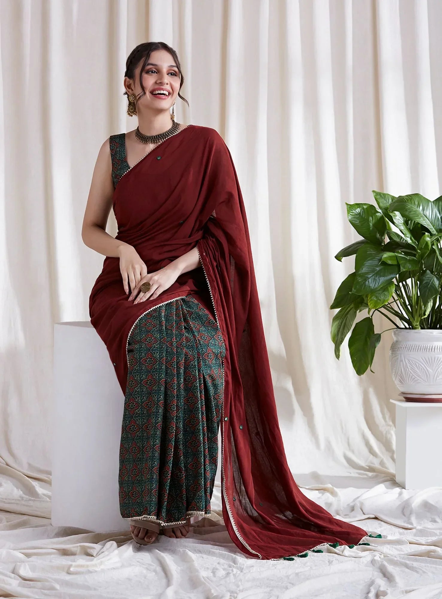 Multicolor Cotton Saree with Red Pallu by Hasttvam with Cotton, Festive Wear, Floral, Green, Natural Dye, Rang by Hasttvam, Red, Relaxed Fit, Responsible production and Vegan at Kamakhyaa for sustainable fashion