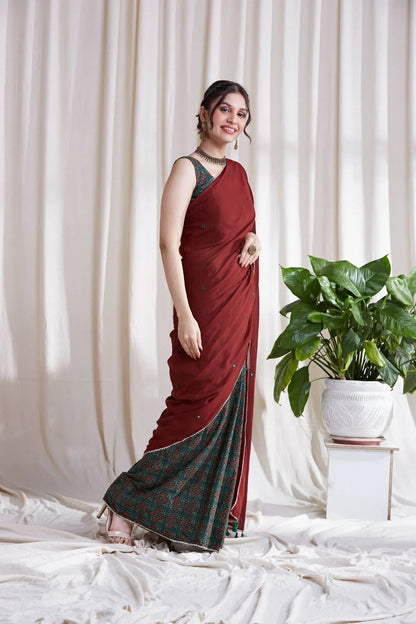 Multicolor Cotton Saree with Red Pallu by Hasttvam with Cotton, Festive Wear, Floral, Green, Natural Dye, Rang by Hasttvam, Red, Relaxed Fit, Responsible production and Vegan at Kamakhyaa for sustainable fashion