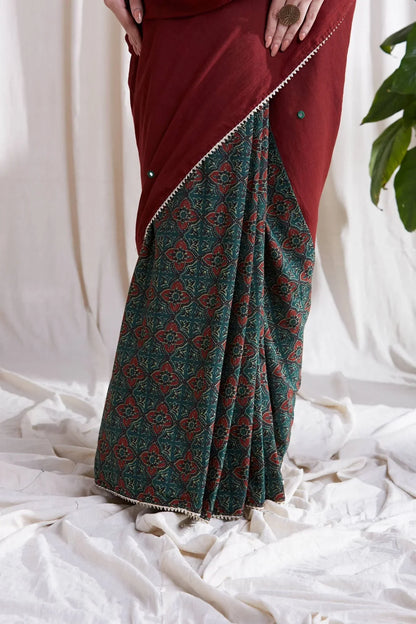 Multicolor Cotton Saree with Red Pallu by Hasttvam with Cotton, Festive Wear, Floral, Green, Natural Dye, Rang by Hasttvam, Red, Relaxed Fit, Responsible production and Vegan at Kamakhyaa for sustainable fashion