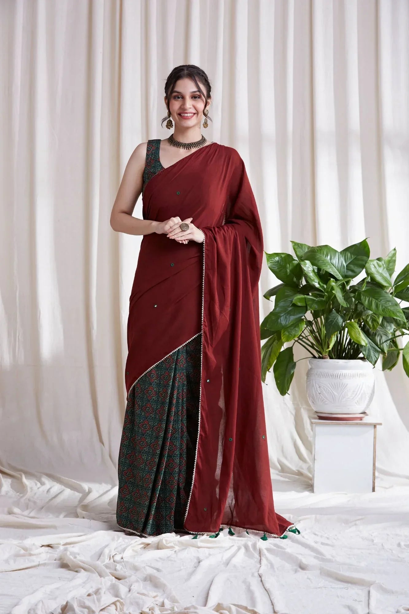 Multicolor Cotton Saree with Red Pallu by Hasttvam with Cotton, Festive Wear, Floral, Green, Natural Dye, Rang by Hasttvam, Red, Relaxed Fit, Responsible production and Vegan at Kamakhyaa for sustainable fashion