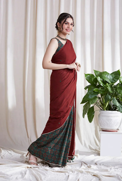 Multicolor Cotton Saree with Red Pallu by Hasttvam with Cotton, Festive Wear, Floral, Green, Natural Dye, Rang by Hasttvam, Red, Relaxed Fit, Responsible production and Vegan at Kamakhyaa for sustainable fashion