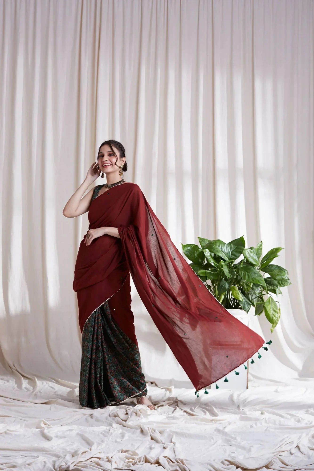 Multicolor Cotton Saree with Red Pallu by Hasttvam with Cotton, Festive Wear, Floral, Green, Natural Dye, Rang by Hasttvam, Red, Relaxed Fit, Responsible production and Vegan at Kamakhyaa for sustainable fashion