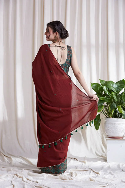 Multicolor Cotton Saree with Red Pallu by Hasttvam with Cotton, Festive Wear, Floral, Green, Natural Dye, Rang by Hasttvam, Red, Relaxed Fit, Responsible production and Vegan at Kamakhyaa for sustainable fashion