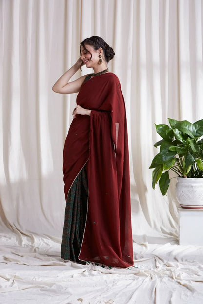 Multicolor Cotton Saree with Red Pallu by Hasttvam with Cotton, Festive Wear, Floral, Green, Natural Dye, Rang by Hasttvam, Red, Relaxed Fit, Responsible production and Vegan at Kamakhyaa for sustainable fashion