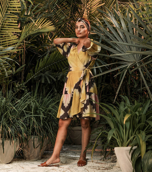 Multicolor Mini Dress by Khara Kapas with Another Day In Paradise by Khara Kapas, Lost In Paradise by Khara Kapas, Mini Dresses, Mul Cotton, Multicolor, Natural, Ombre & Dyes, Poplin, Resort Wear, Solids, Womenswear, Wrap Dresses at Kamakhyaa for sustainable fashion