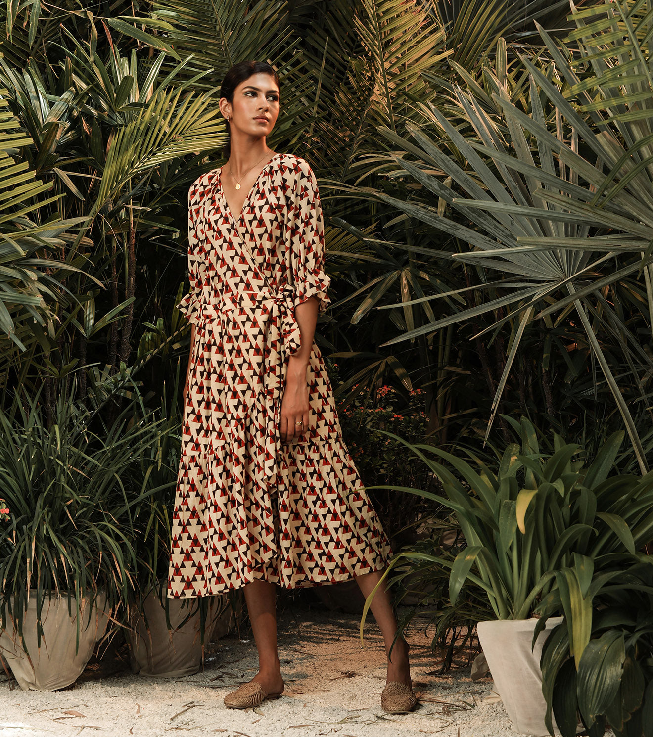 Multicolor Printed Midi Dress by Khara Kapas with Another Day In Paradise by Khara Kapas, Lost In Paradise by Khara Kapas, Midi Dresses, Mul Cotton, Multicolor, Natural, Prints, Regular Fit, Resort Wear, Womenswear, Wrap Dresses at Kamakhyaa for sustainable fashion