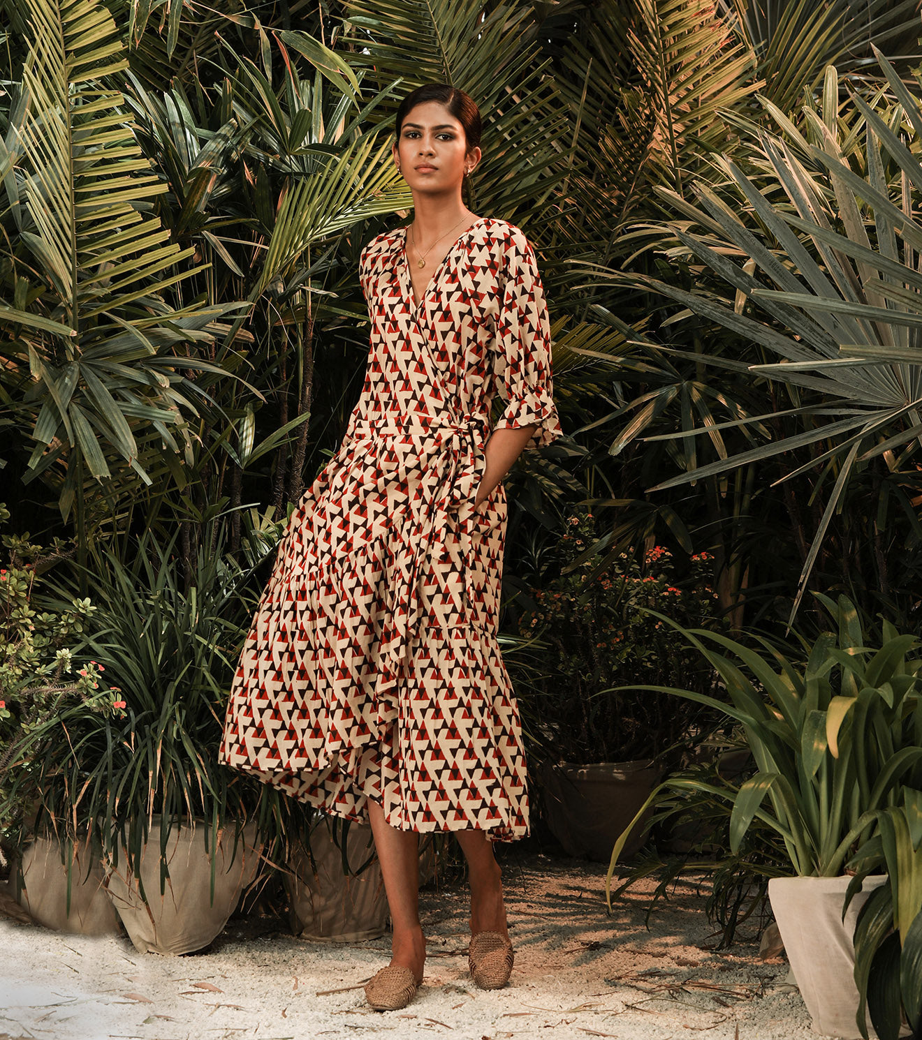 Multicolor Printed Midi Dress by Khara Kapas with Another Day In Paradise by Khara Kapas, Lost In Paradise by Khara Kapas, Midi Dresses, Mul Cotton, Multicolor, Natural, Prints, Regular Fit, Resort Wear, Womenswear, Wrap Dresses at Kamakhyaa for sustainable fashion
