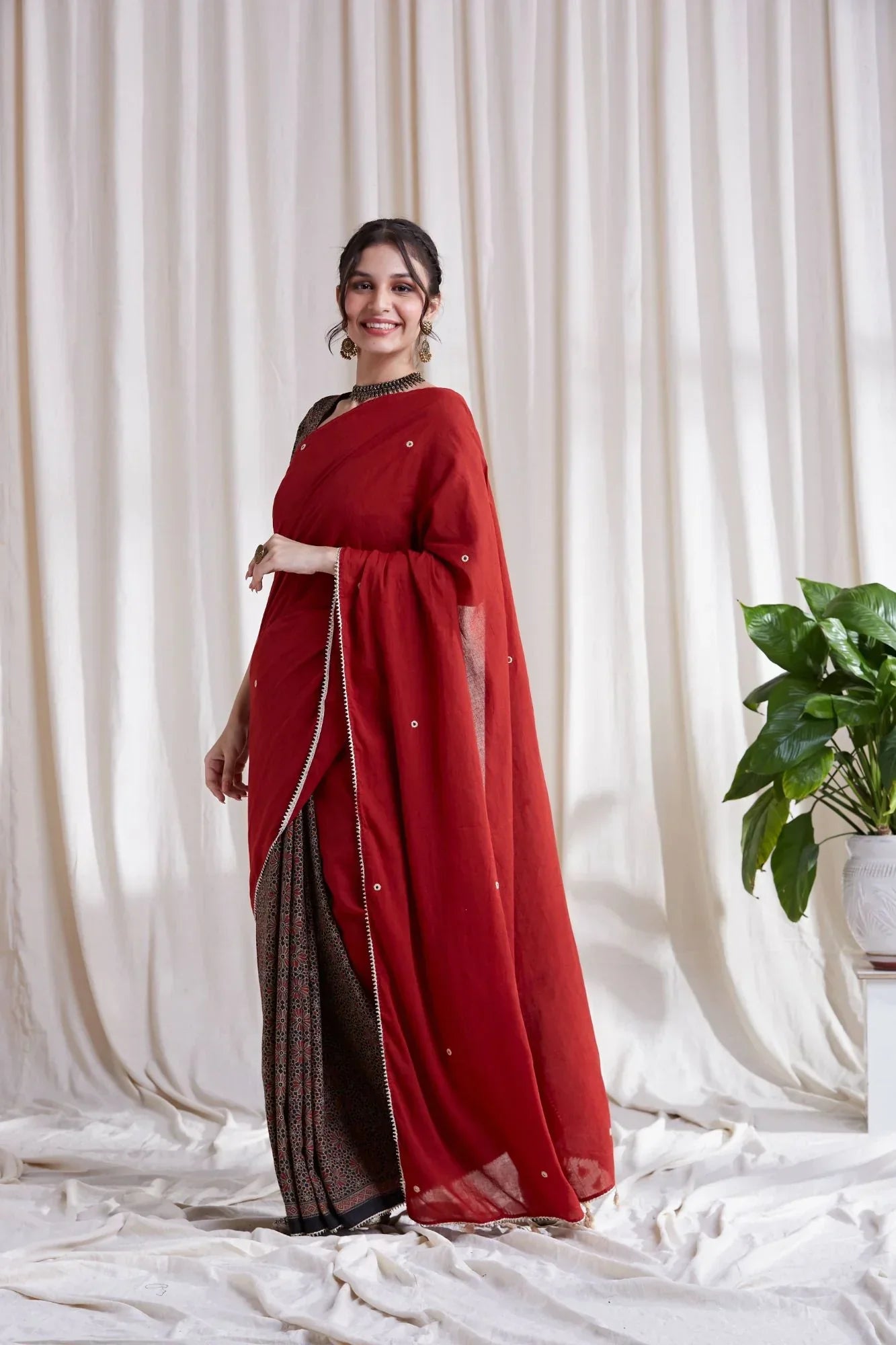 Multicolor Saree with Red Dupatta by Hasttvam with Black, Cotton, Festive Wear, Floral, Natural Dye, Rang by Hasttvam, Red, Relaxed Fit, Responsible production and Vegan at Kamakhyaa for sustainable fashion