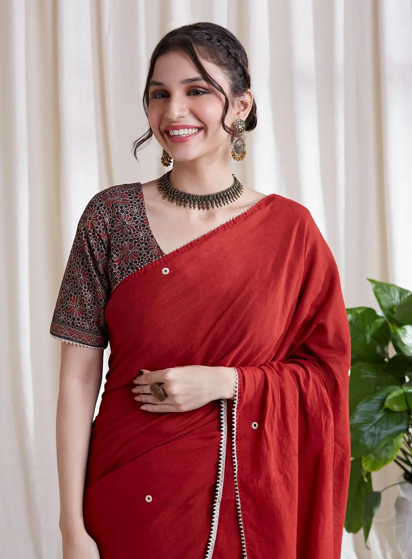 Multicolor Saree with Red Dupatta by Hasttvam with Black, Cotton, Festive Wear, Floral, Natural Dye, Rang by Hasttvam, Red, Relaxed Fit, Responsible production and Vegan at Kamakhyaa for sustainable fashion