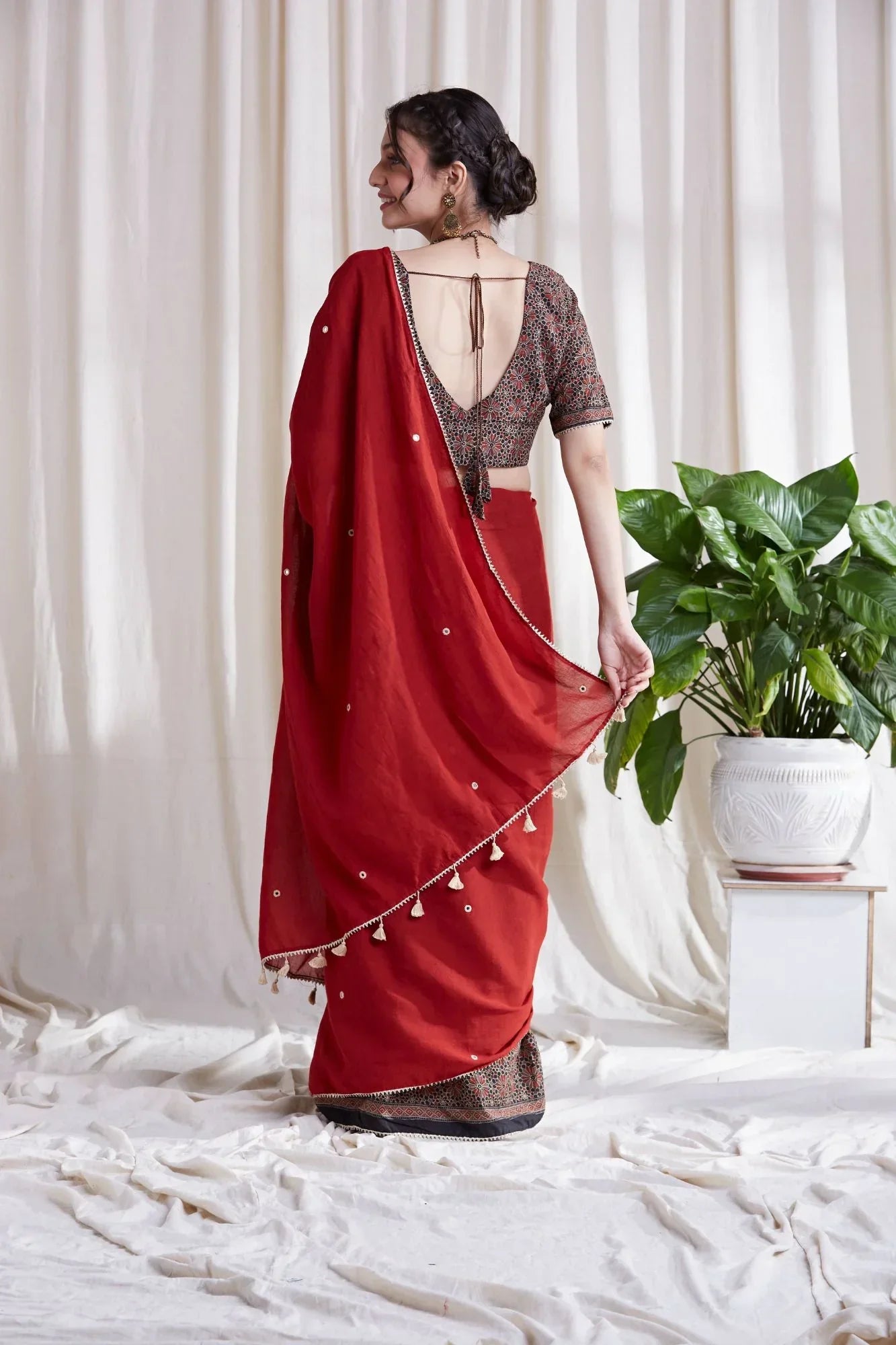 Multicolor Saree with Red Dupatta by Hasttvam with Black, Cotton, Festive Wear, Floral, Natural Dye, Rang by Hasttvam, Red, Relaxed Fit, Responsible production and Vegan at Kamakhyaa for sustainable fashion