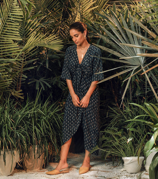 Navy Blue Midi Dress by Khara Kapas with Another Day In Paradise by Khara Kapas, Blue, Lost In Paradise by Khara Kapas, Midi Dresses, Mul Cotton, Natural, Regular Fit, Resort Wear, Solids, Womenswear, Wrap Dresses at Kamakhyaa for sustainable fashion