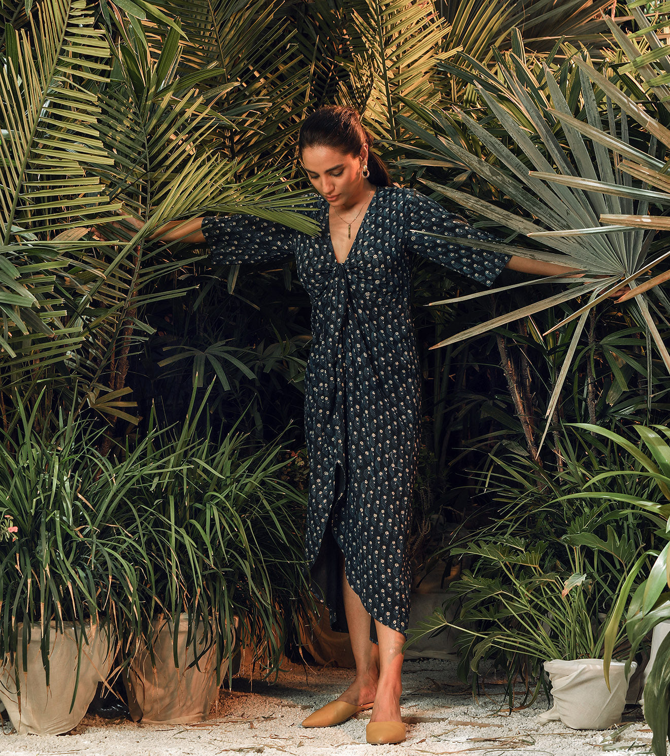 Navy Blue Midi Dress by Khara Kapas with Another Day In Paradise by Khara Kapas, Blue, Lost In Paradise by Khara Kapas, Midi Dresses, Mul Cotton, Natural, Regular Fit, Resort Wear, Solids, Womenswear, Wrap Dresses at Kamakhyaa for sustainable fashion