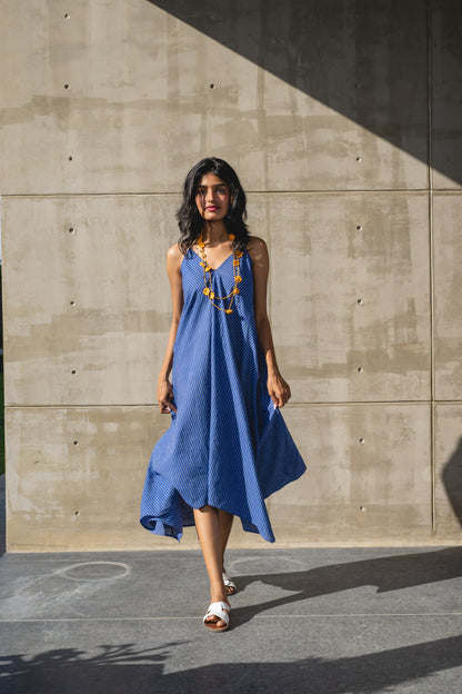 Blue V-Neck Striped Cotton Dress by Araayeh with Artisan Made, Blue, Handwoven Cotton, Office Wear, Regular Fit, Resort wear, Sleeveless Dresses, Stripes at Kamakhyaa for sustainable fashion