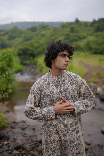 Off-White Ajrakh Indigo Floral Kurta by Hasttvam with Blue, Cotton, Festive Wear, Floral, Natural Dye, Rakhi Special, Rang by Hasttvam, Relaxed Fit, Responsible production and Vegan at Kamakhyaa for sustainable fashion