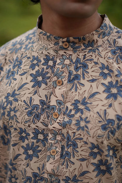 Off-White Ajrakh Indigo Floral Kurta by Hasttvam with Blue, Cotton, Festive Wear, Floral, Natural Dye, Rakhi Special, Rang by Hasttvam, Relaxed Fit, Responsible production and Vegan at Kamakhyaa for sustainable fashion