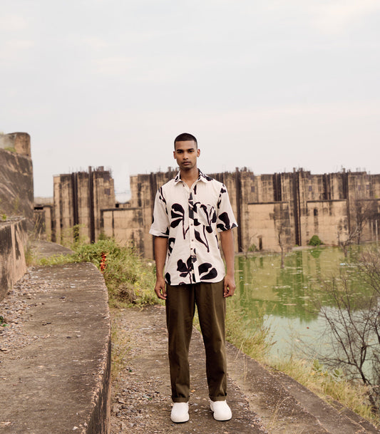 Off White And Black Lino Printed Shirt by Khara Kapas with Black, Casual Wear, Cotton, Natural, Off-white, Prints, Regular Fit, Shirts at Kamakhyaa for sustainable fashion