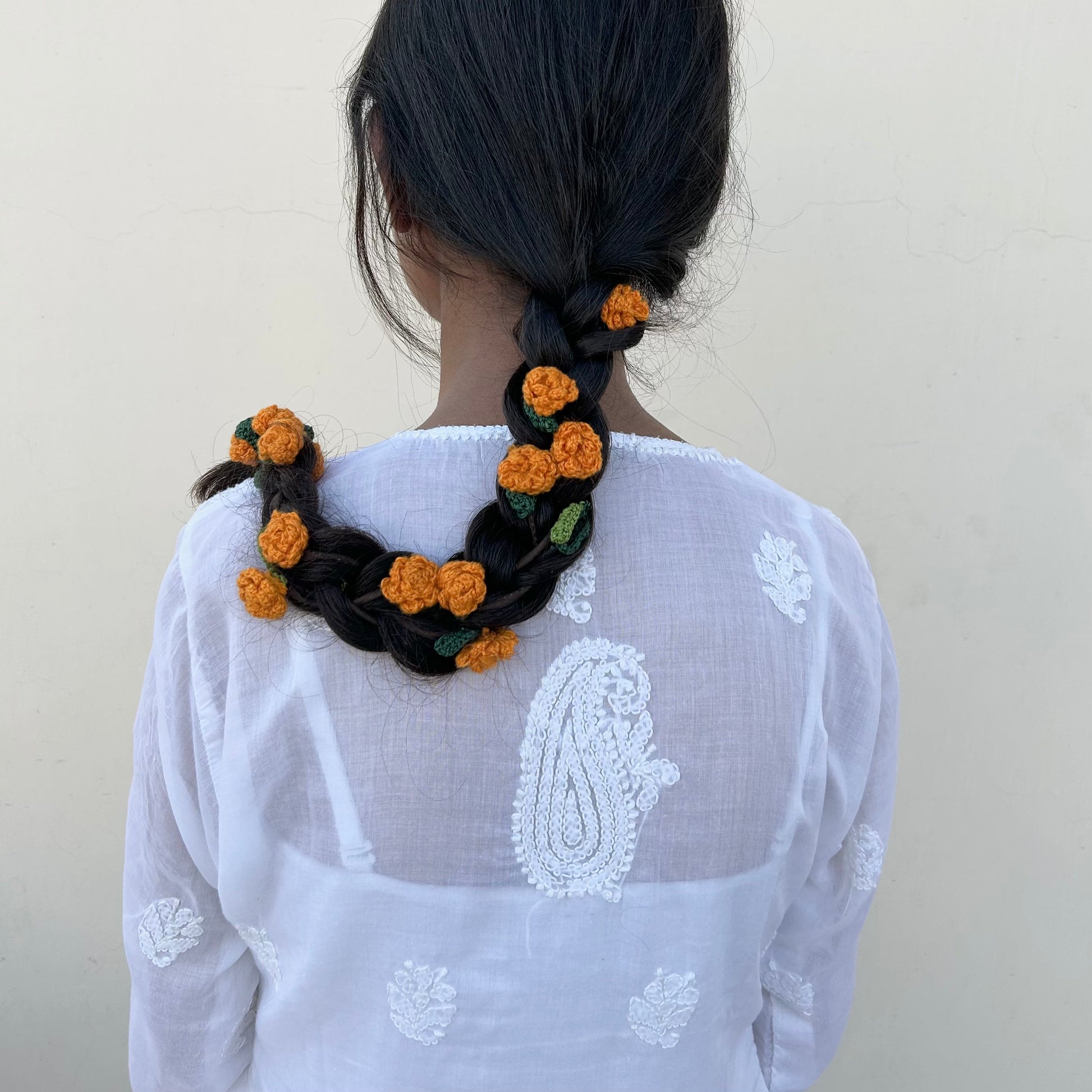 Orange Crochet Hair Parandi by Ikriit'm with Cotton yarn, Crochet, Free Size, Ikriit'm, Made from Natural Materials, Orange, Parandi, Stainless Steel, Women Led Designer at Kamakhyaa for sustainable fashion