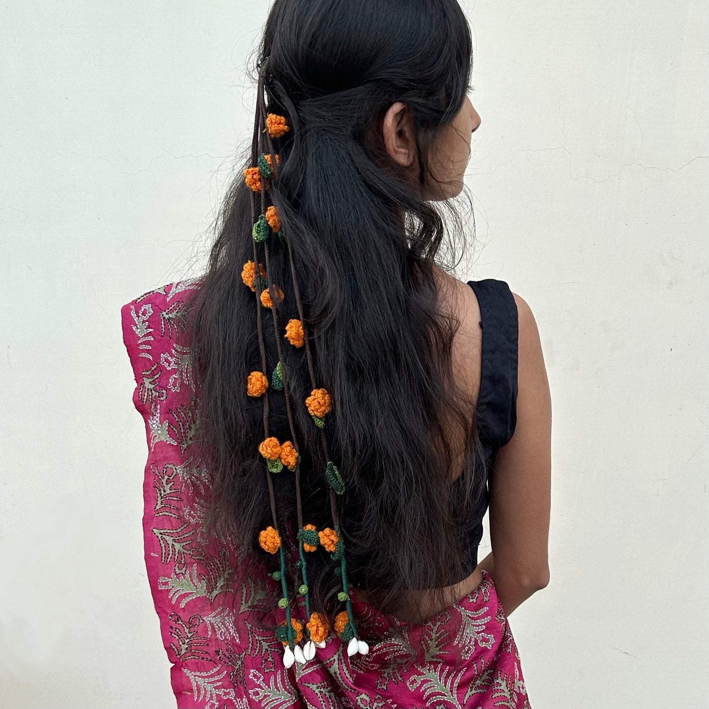 Orange Crochet Hair Parandi by Ikriit'm with Cotton yarn, Crochet, Free Size, Ikriit'm, Made from Natural Materials, Orange, Parandi, Stainless Steel, Women Led Designer at Kamakhyaa for sustainable fashion