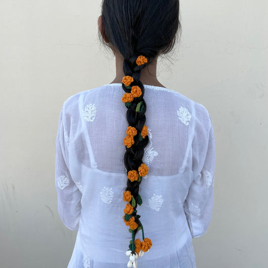 Orange Crochet Hair Parandi by Ikriit'm with Cotton yarn, Crochet, Free Size, Ikriit'm, Made from Natural Materials, Orange, Parandi, Stainless Steel, Women Led Designer at Kamakhyaa for sustainable fashion