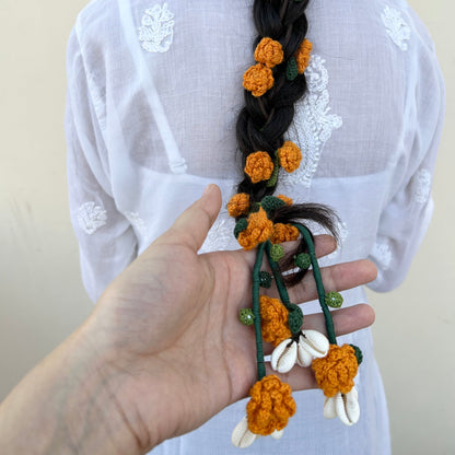 Orange Crochet Hair Parandi by Ikriit'm with Cotton yarn, Crochet, Free Size, Ikriit'm, Made from Natural Materials, Orange, Parandi, Stainless Steel, Women Led Designer at Kamakhyaa for sustainable fashion