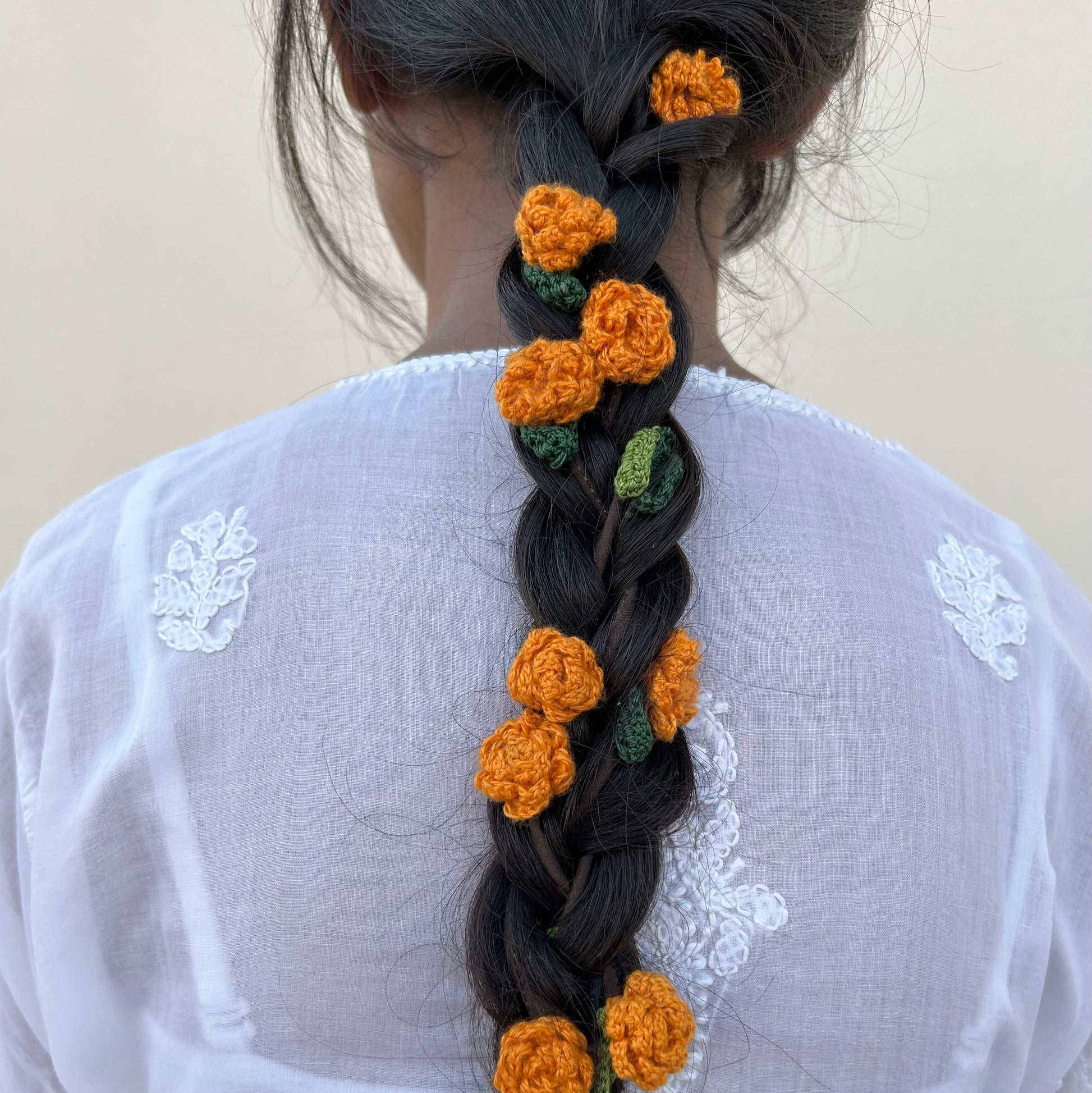 Orange Crochet Hair Parandi by Ikriit'm with Cotton yarn, Crochet, Free Size, Ikriit'm, Made from Natural Materials, Orange, Parandi, Stainless Steel, Women Led Designer at Kamakhyaa for sustainable fashion