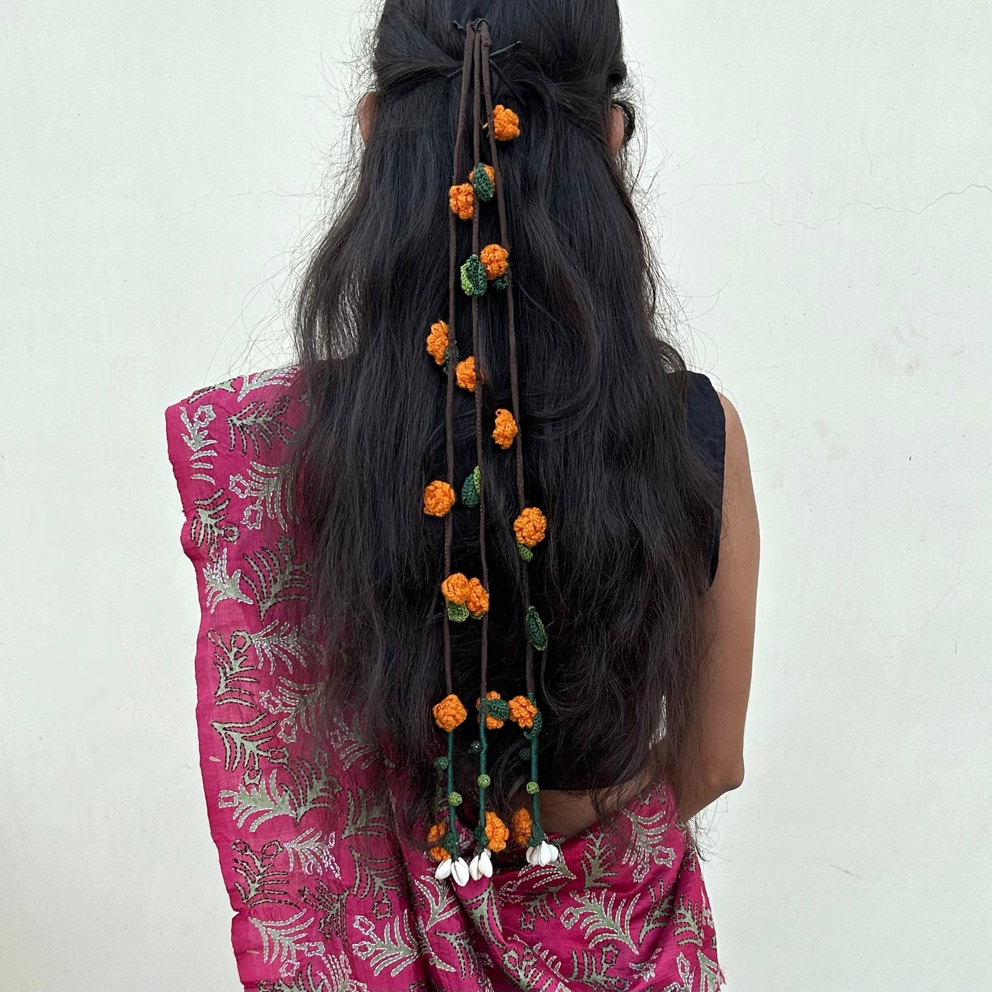 Orange Crochet Hair Parandi by Ikriit'm with Cotton yarn, Crochet, Free Size, Ikriit'm, Made from Natural Materials, Orange, Parandi, Stainless Steel, Women Led Designer at Kamakhyaa for sustainable fashion