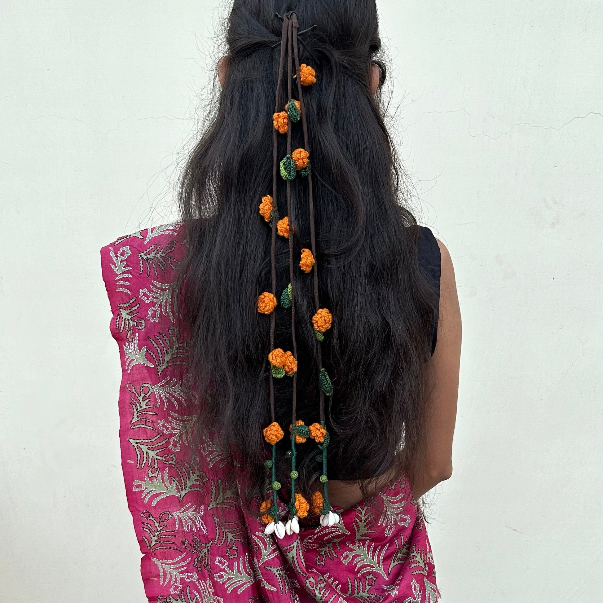 Orange Crochet Hair Parandi by Ikriit'm with Cotton yarn, Crochet, Free Size, Ikriit'm, Made from Natural Materials, Orange, Parandi, Stainless Steel, Women Led Designer at Kamakhyaa for sustainable fashion