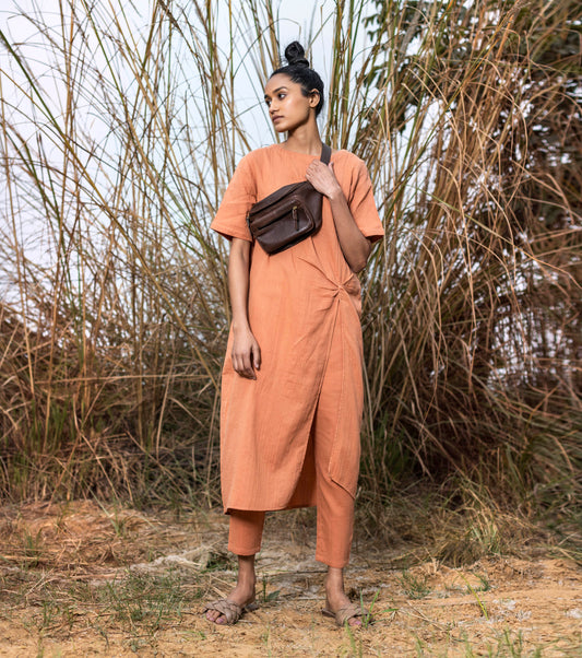 Peach Two Piece Set by Khara Kapas with Co-ord Sets, Cotton, Lost & Found by Khara Kapas, Lounge Wear Co-ords, Natural, Pink, Regular Fit, Resort Wear, Solids, Womenswear at Kamakhyaa for sustainable fashion