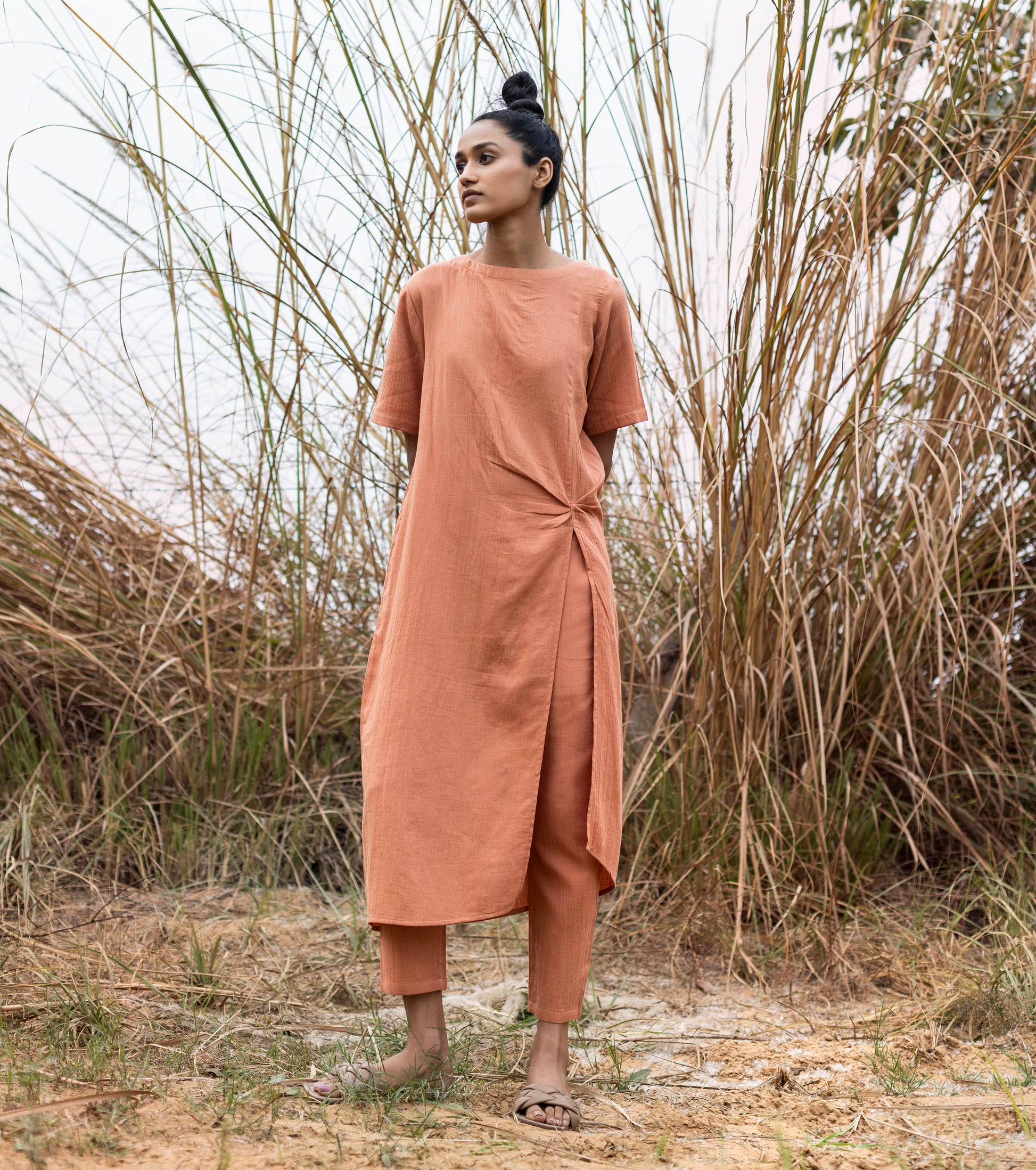 Peach Two Piece Set by Khara Kapas with Co-ord Sets, Cotton, Lost & Found by Khara Kapas, Lounge Wear Co-ords, Natural, Pink, Regular Fit, Resort Wear, Solids, Womenswear at Kamakhyaa for sustainable fashion