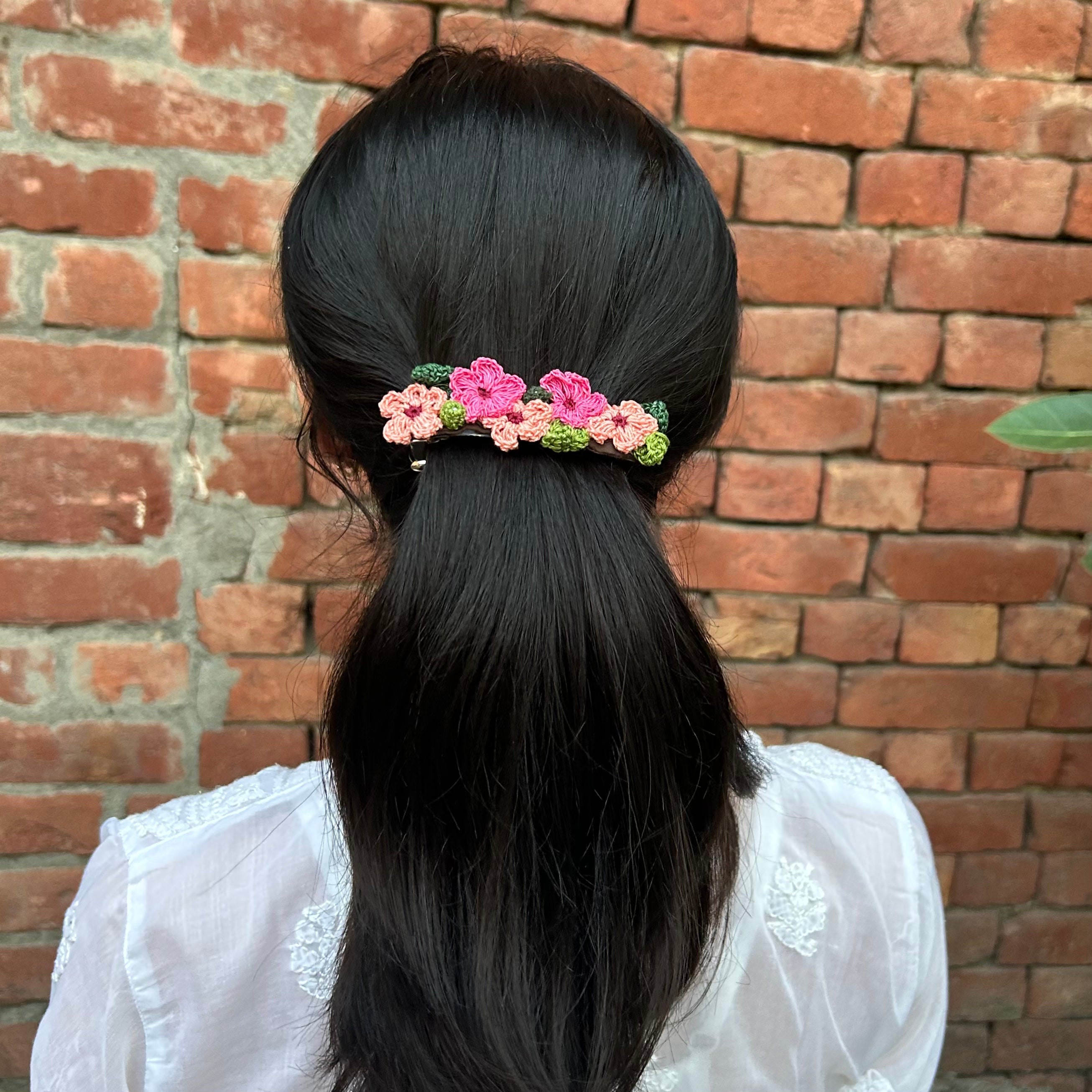 Pink And Peach Crochet Hair Clip by Ikriit'm with Cotton yarn, Crochet, Free Size, Hair Clip, Ikriit'm, Made from Natural Materials, Pink, Stainless Steel, Women Led Designer at Kamakhyaa for sustainable fashion