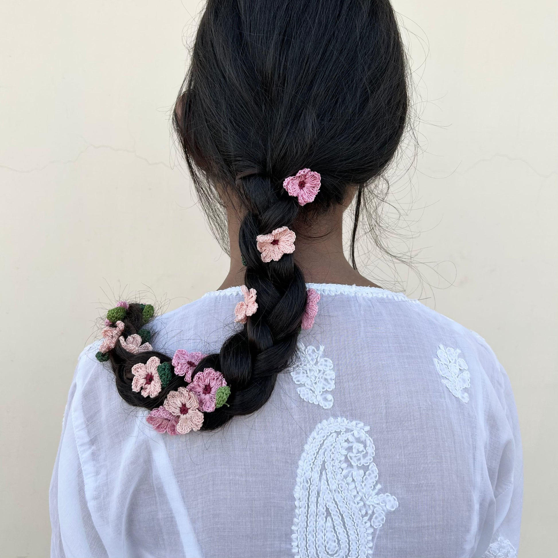 Pink And Peach Crochet Hair Parandi by Ikriit'm with Cotton yarn, Crochet, Free Size, Ikriit'm, Made from Natural Materials, Parandi, Pink, Stainless Steel, Women Led Designer at Kamakhyaa for sustainable fashion