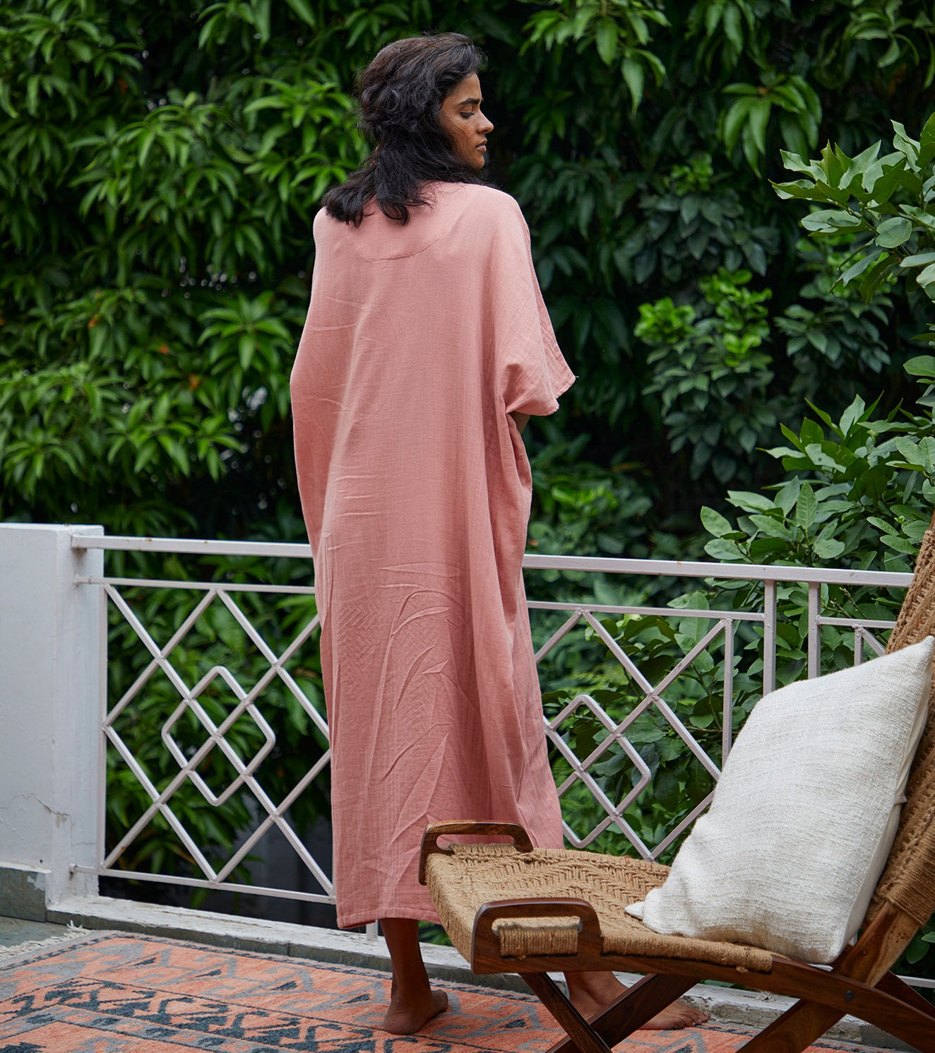 Pink Cotton Kaftan by Khara Kapas with Cotton, Kaftans, Lounge Wear, Lounge wear by Khara Kapas, Natural, Pink, Relaxed Fit, Solids, Womenswear at Kamakhyaa for sustainable fashion