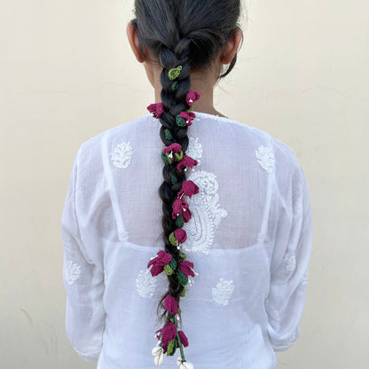 Pink Crochet Hair Parandi by Ikriit'm with Cotton yarn, Crochet, Free Size, Ikriit'm, Made from Natural Materials, Parandi, Pink, Stainless Steel, Women Led Designer at Kamakhyaa for sustainable fashion