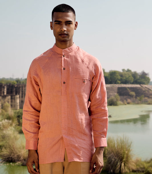 Pink Linen Shirt With Raglan Sleeves by Khara Kapas with Casual Wear, Linen, Natural, Pink, Prints, Regular Fit, Shirts at Kamakhyaa for sustainable fashion