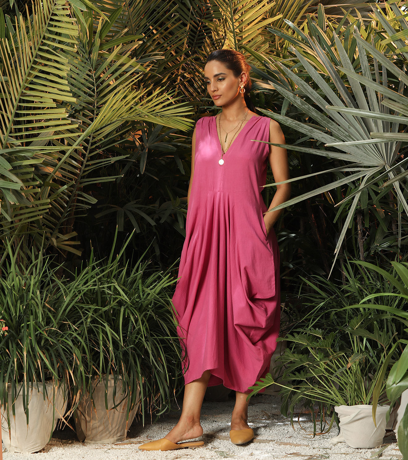 Pink Midi Dress with pockets by Khara Kapas with Another Day In Paradise by Khara Kapas, Lost In Paradise by Khara Kapas, Midi Dresses, Mul Cotton, Natural, Pink, Regular Fit, Resort Wear, Sleeveless Dresses, Solid Selfmade, Solids, Womenswear at Kamakhyaa for sustainable fashion