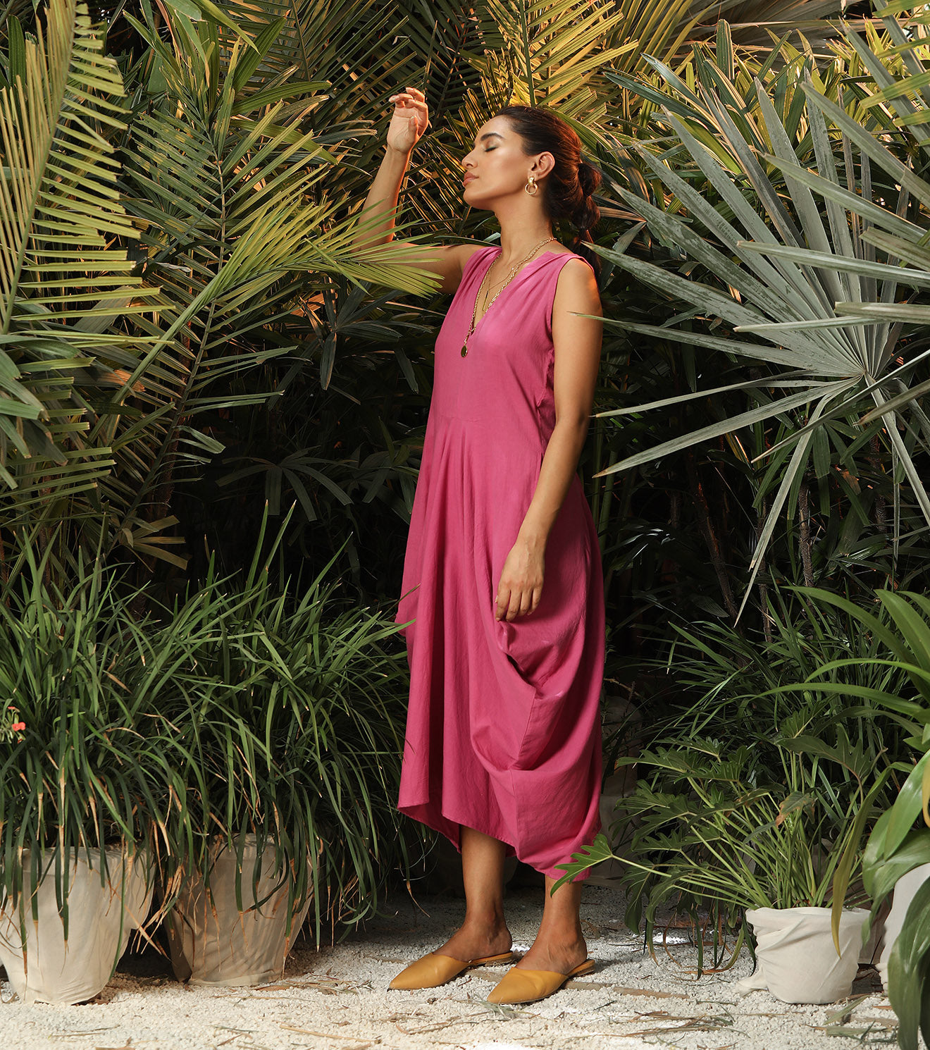 Pink Midi Dress with pockets by Khara Kapas with Another Day In Paradise by Khara Kapas, Lost In Paradise by Khara Kapas, Midi Dresses, Mul Cotton, Natural, Pink, Regular Fit, Resort Wear, Sleeveless Dresses, Solid Selfmade, Solids, Womenswear at Kamakhyaa for sustainable fashion