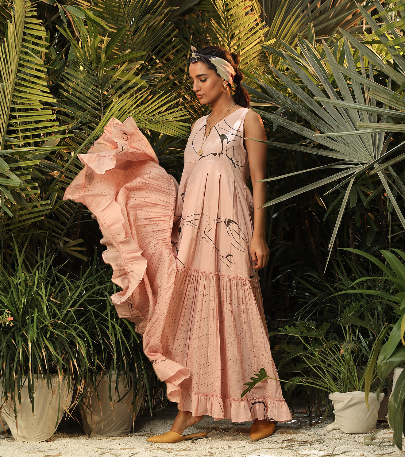 Pink Printed Midi Dress by Khara Kapas with Another Day In Paradise by Khara Kapas, Cotton, Lost In Paradise by Khara Kapas, Maxi Dresses, Natural, Pink, Printed Selfsame, Prints, Regular Fit, Resort Wear, Sleeveless Dresses, Tiered Dresses, Womenswear at Kamakhyaa for sustainable fashion