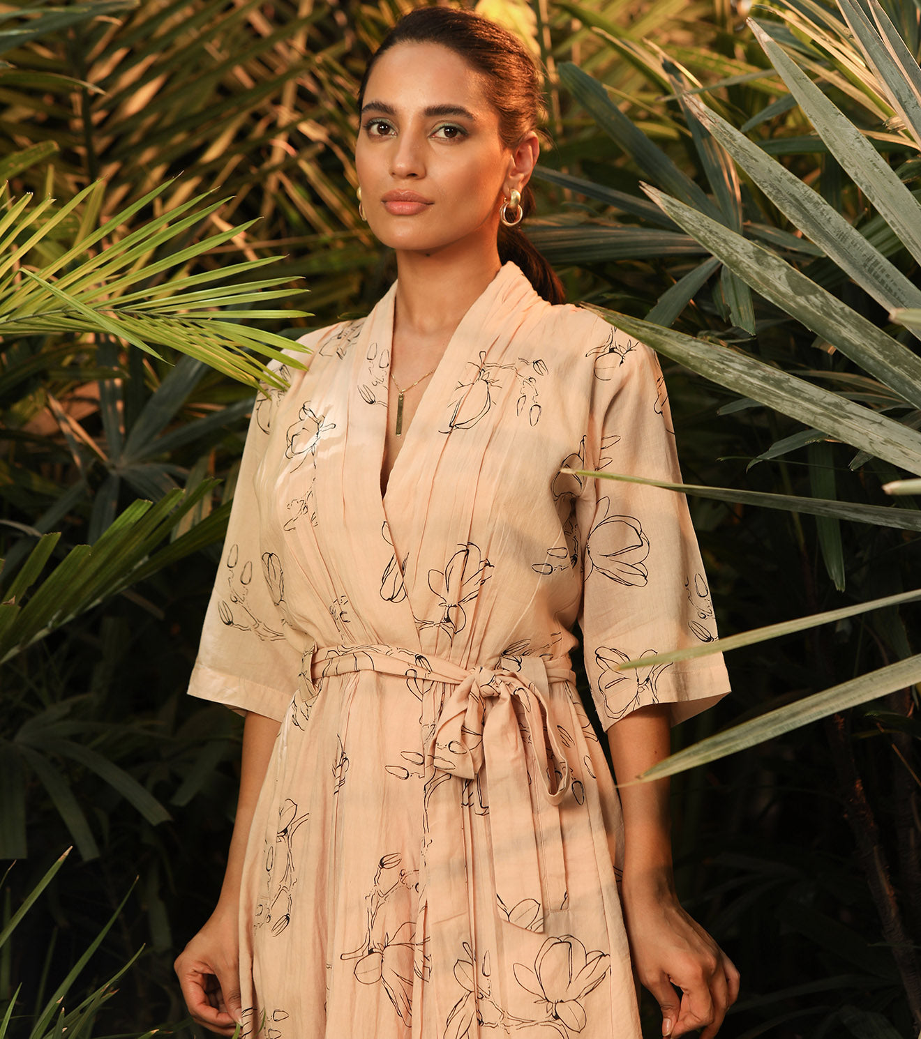 Pink Printed Midi Dress by Khara Kapas with Another Day In Paradise by Khara Kapas, Lost In Paradise by Khara Kapas, Midi Dresses, Mul Cotton, Natural, Pink, Prints, Regular Fit, Resort Wear, Womenswear, Wrap Dresses at Kamakhyaa for sustainable fashion
